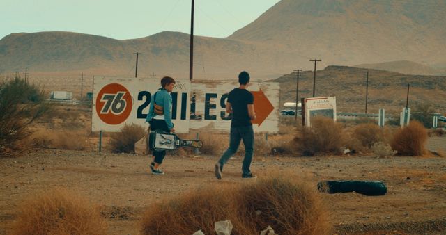 Wide shot of Kasey and Alan walking down desolate road toward gas station